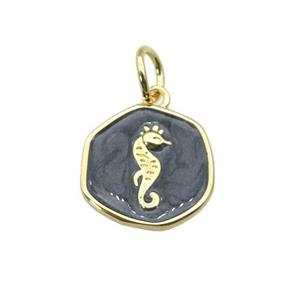 copper coin pendant with black enamel, seahorse, gold plated, approx 14mm [FN27363]