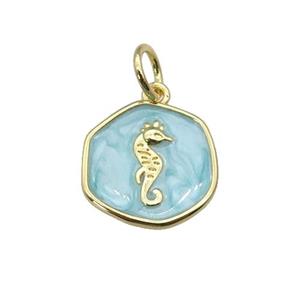 copper coin pendant with teal enamel, seahorse, gold plated, approx 14mm [FN27366]
