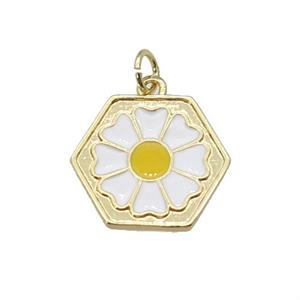 copper Daisy flower pendant with white enamel, gold plated, approx 17mm [FN27368]