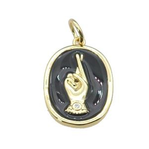 copper oval pendant with black enamel, hand, gold plated, approx 15-19mm [FN27370]