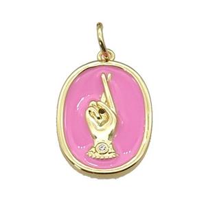 copper oval pendant with pink enamel, hand, gold plated, approx 15-19mm [FN27371]