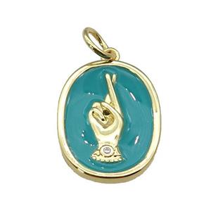 copper oval pendant with teal enamel, hand, gold plated, approx 15-19mm [FN27372]