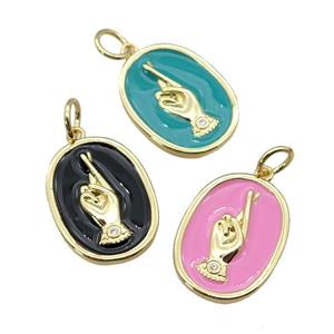 copper oval pendant with enamel, hand, gold plated, mixed, approx 15-19mm [FN27373]