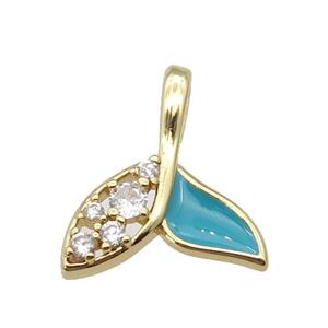 copper Shark-tail pendant paved zircon with teal enamel, gold plated, approx 16-18mm [FN27375]