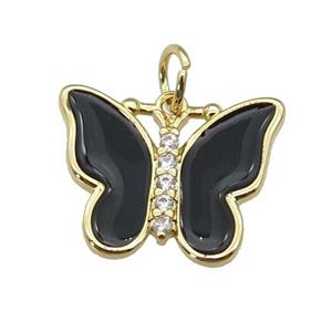 copper Butterfly pendant paved zircon with black enamel, gold plated, approx 16-20mm [FN27379]