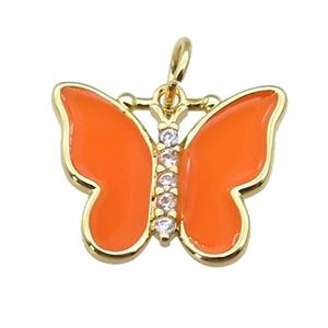 copper Butterfly pendant paved zircon with orange enamel, gold plated, approx 16-20mm [FN27380]