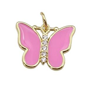 copper Butterfly pendant paved zircon with pink enamel, gold plated, approx 16-20mm [FN27381]