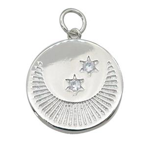 copper Moon star pendant paved zircon, platinum plated, approx 20mm dia [FN27388]