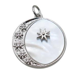 copper Moon pendant paved zircon, shell, platinum plated, approx 20mm dia [FN27391]