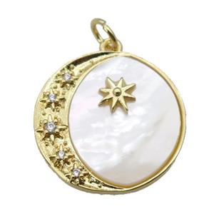 copper Moon pendant paved zircon, shell, gold plated, approx 20mm dia [FN27392]