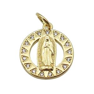 copper Virgin Mary pendant paved zircon, gold plated, approx 16mm dia [FN27398]