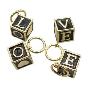 copper Cube pendant with black enamel, LOVE, gold plated, approx 10x10mm [FN27404]