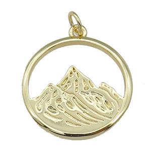 copper circle pendant with mountain, gold plated, approx 25mm dia [FN27424]