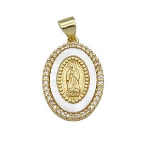 copper Virgin Mary pendant paved zircon, shell, gold plated, approx 15-20mm [FN27427]