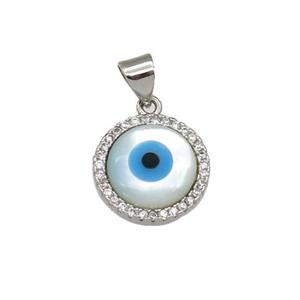 copper circle pendant paved zircon with Pearlized Shell Evil Eye, platinum plated, approx 14mm dia [FN27446]