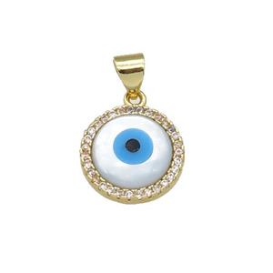 copper circle pendant paved zircon with Pearlized Shell Evil Eye, gold plated, approx 14mm dia [FN27447]
