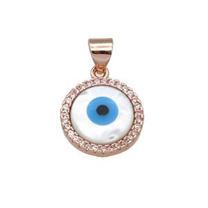 copper circle pendant paved zircon with Pearlized Shell Evil Eye, rose gold, approx 14mm dia [FN27448]