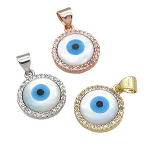 copper circle pendant paved zircon with Pearlized Shell Evil Eye, mixed, approx 14mm dia [FN27449]
