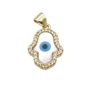 copper hand pendant paved zircon with Pearlized Shell Evil Eye, gold plated, approx 14-17mm [FN27458]