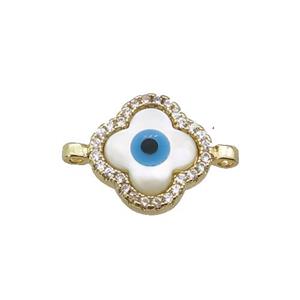 copper clover connector paved zircon with Pearlized Shell Evil Eye, gold plated, approx 14mm [FN27460]