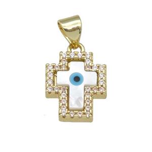 copper cross pendant paved zircon with Pearlized Shell Evil Eye, gold plated, approx 11-13mm [FN27468]