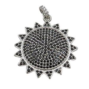 copper Sunflower pendant paved black zircon, platinum plated, approx 26mm dia [FN27492]