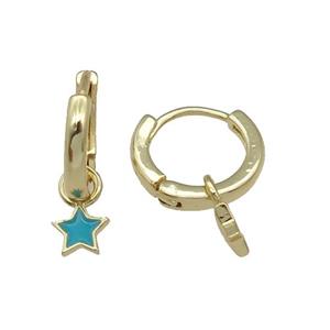copper Hoop Earring with teal enamel star, gold plated, approx 5.5mm, 13mm dia [FN27514]