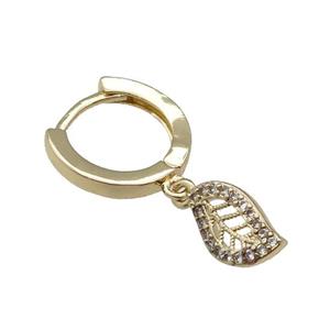 copper Hoop Earring with leaf paved zircon, gold plated, approx 6-10mm, 14mm dia [FN27516]