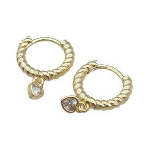 copper Hoop Earring with heart paved zircon, gold plated, approx 4mm, 13.5mm dia [FN27517]