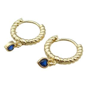 copper Hoop Earring with heart paved blue zircon, gold plated, approx 4mm, 13.5mm dia [FN27519]
