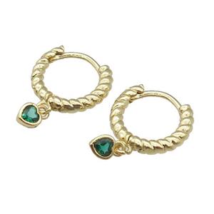 copper Hoop Earring with heart paved green zircon, gold plated, approx 4mm, 13.5mm dia [FN27520]