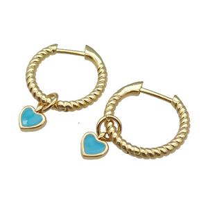 copper Hoop Earring with teal enamel heart, gold plated, approx 5.5mm, 13mm dia [FN27522]