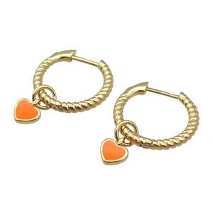 copper Hoop Earring with orange enamel heart, gold plated, approx 5.5mm, 13mm dia [FN27523]