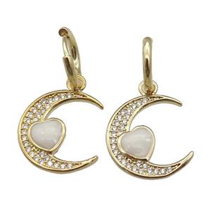 copper Hoop Earring with Moon paved zircon, white enamel heart, gold plated, approx 15-17mm, 12mm dia [FN27524]