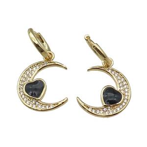 copper Hoop Earring with Moon paved zircon, black enamel heart, gold plated, approx 15-17mm, 12mm dia [FN27525]