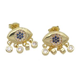 copper Stud Earring paved zircon, Eye, gold plated, approx 14-15mm [FN27536]