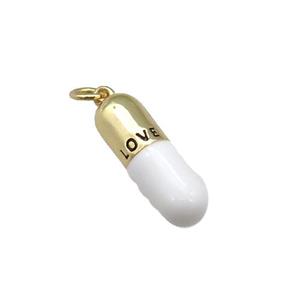 copper Pill Charm pendant with white enamel, LOVE, gold plated, approx 6-19mm [FN27581]