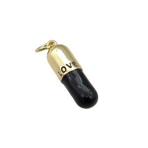 copper Pill Charm pendant with black enamel, LOVE, gold plated, approx 6-19mm [FN27582]