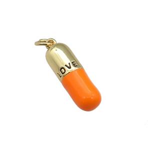 copper Pill Charm pendant with orange enamel, LOVE, gold plated, approx 6-19mm [FN27583]