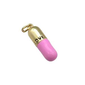 copper Pill Charm pendant with pink enamel, LOVE, gold plated, approx 6-19mm [FN27585]
