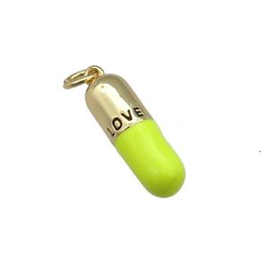 copper Pill Charm pendant with yellow enamel, LOVE, gold plated, approx 6-19mm [FN27586]