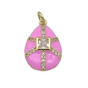 copper teardrop pendant paved zircon, pink enamel, gold plated, approx 14-19mm [FN27589]