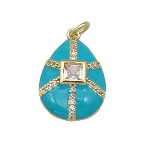 copper teardrop pendant paved zircon, teal enamel, gold plated, approx 14-19mm [FN27590]