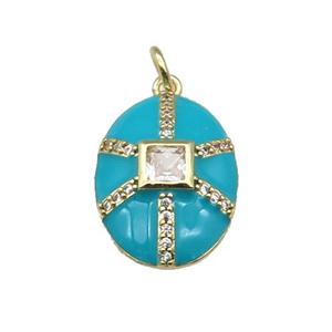 copper oval pendant paved zircon, teal enamel, gold plated, approx 14-19mm [FN27594]
