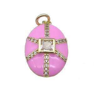 copper oval pendant paved zircon, pink enamel, gold plated, approx 14-19mm [FN27595]