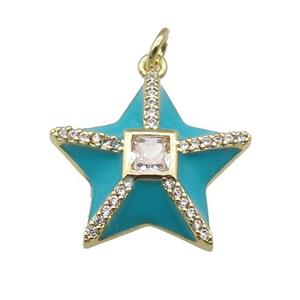 copper star pendant paved zircon, teal enamel, gold plated, approx 20mm [FN27603]