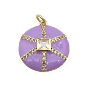 copper circle pendant paved zircon, purple enamel, gold plated, approx 19mm dia [FN27607]