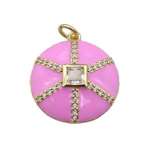 copper circle pendant paved zircon, pink enamel, gold plated, approx 19mm dia [FN27608]