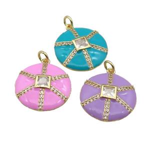 copper circle pendant paved zircon, enamel, gold plated, mixed, approx 19mm dia [FN27610]