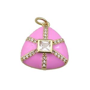 copper triangle pendant paved zircon, pink enamel, gold plated, approx 17.5mm [FN27612]